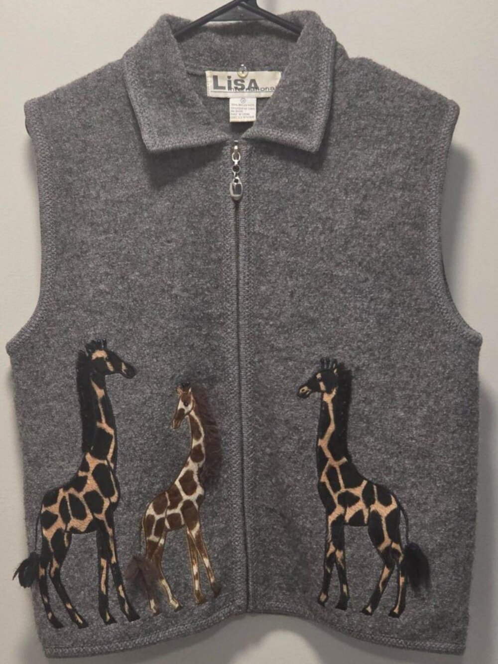 Lisa International Gray Boiled Wool Zip-up Vest w/ Giraffe Appliqués - Women's M